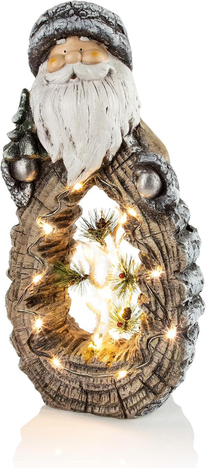Alpine Corporation 21" Tall Santa Christmas Statue with Carved Wood Look and 16 Warm LED Lights, Timer Function, Indoor/Outdoor Holiday Decoration for Porch or Entryway