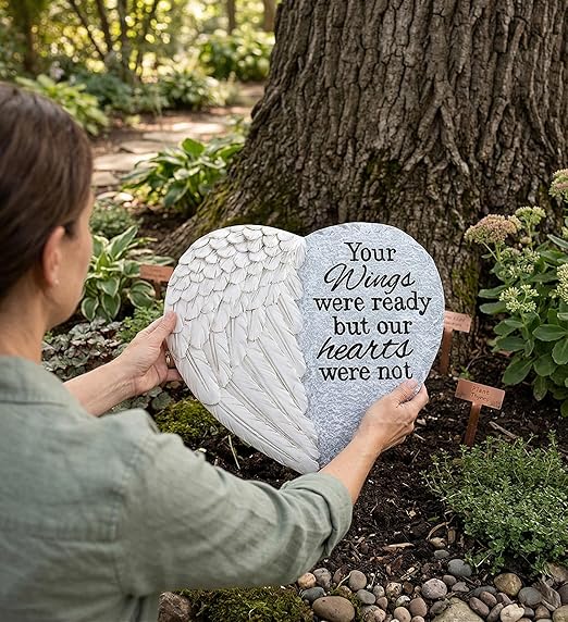 Napco Your Wings were Ready Our Hearts were Not 10 x 11 Inch Grey and White Resin Bereavement Garden Stepping Stone with Angel Wings