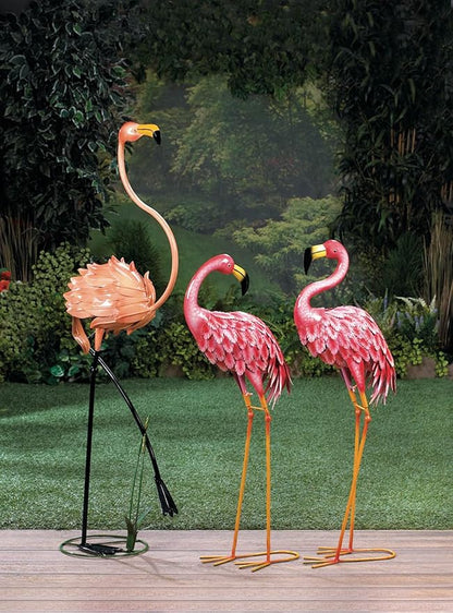Zingz & Thingz Durable Iron Outdoor Garden Décor Bright Pink Standing Flamingo Statue, 14.25x7.75x33, Looking Back
