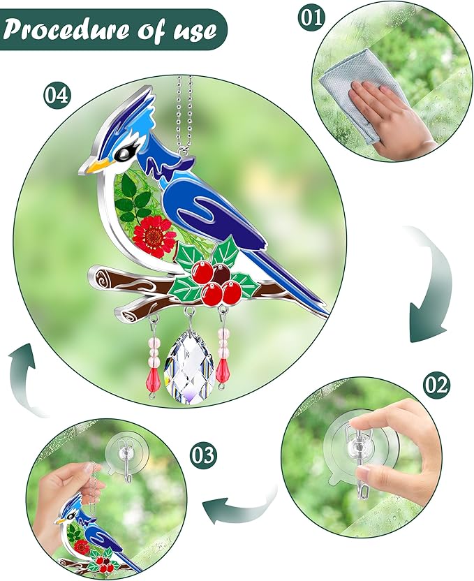 KY&BOSAM Blue Bird Crystal Suncatcher for Windows 8" Hanging Ornaments Stained Glass Wind Chimes with Metal Charms, Colorful Rainbow Prisms Garden Decor for Mom/Grandma, Christmas Wedding Gifts