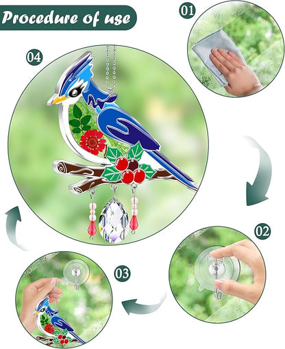KY&BOSAM Blue Bird Suncatcher Gifts for Mom Hand Painted Stained Glass for Windows Hanging Wind Chime Pressed Rearl Flower Wings and Crystal Charm Gift for Mom Mother`s Day Birthday Christmas Decor