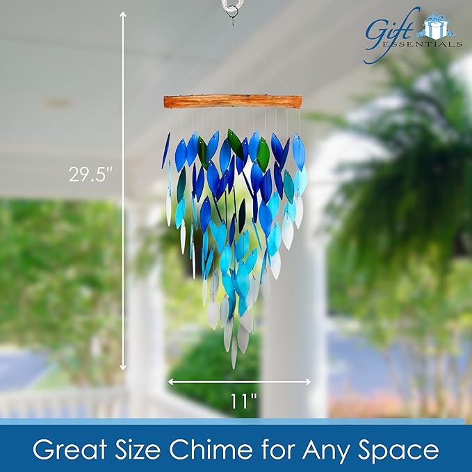 Blue Handworks Deluxe Ocean Ombre Waterfall & Driftwood Chime, Sandblasted Glass and Found Wood Handcrafted Wind Chime
