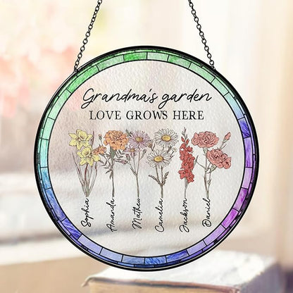 Personalized Grandma’s Garden Stained Glass Window Hanging Ornament, Custom Birth Month Flowers with Kids’ Names, Grandma Love Grows Here Floral Art, for Mom Grandma