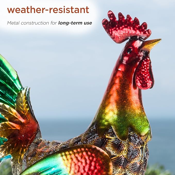Alpine Corporation 16" Tall Outdoor Metallic Rooster Standing Yard Statue Decoration, Turquoise