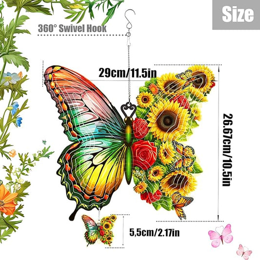 Sunflower Butterfly Metal Wind Spinners for Yard and Garden,12 Inch 3D Stainless Steel Hanging Kinetic Yard Art Wind Sculpture, Kinetic Art Garden Decor for Christmas Outdoor & Indoor