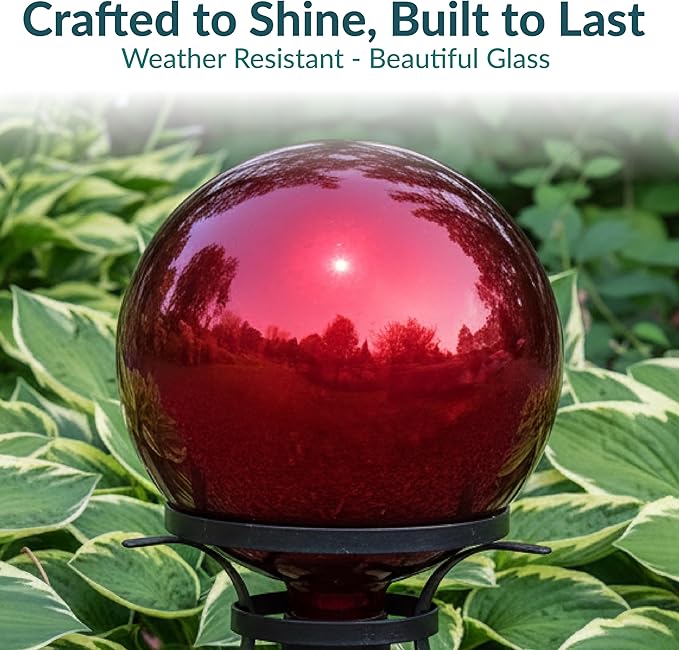 Sunnydaze 10-Inch Gazing Ball for Garden - Glass Gazing Globe with Mirrored Stainless Steel Finish - Red