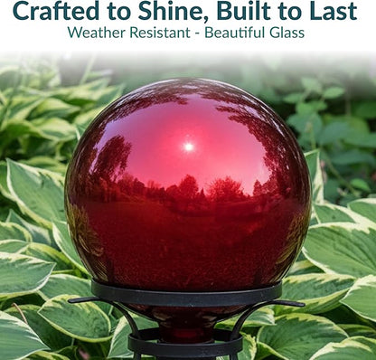 Sunnydaze 10-Inch Gazing Ball for Garden - Glass Gazing Globe with Mirrored Stainless Steel Finish - Red