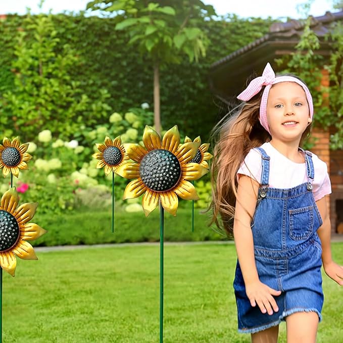 Metal Sunflower Flower Garden Stakes, Wind Catcher Spinner Garden Stakes, Garden Windmill Stakes Outdoor Wind Catchers, Yard Decor Stakes, Set of 5