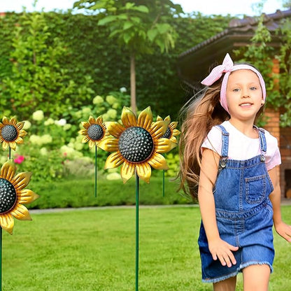 Metal Sunflower Flower Garden Stakes, Wind Catcher Spinner Garden Stakes, Garden Windmill Stakes Outdoor Wind Catchers, Yard Decor Stakes, Set of 5