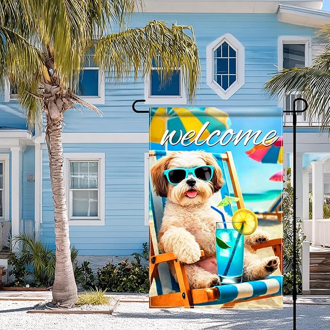 BlissYard Welcome Summer Shih Tzu Garden Flag 12x18 Double Sided Vertical Outdoor Decor Beach Chair Dog Yard Lawn Patio Tropical Poolside Banner