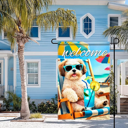 BlissYard Welcome Summer Shih Tzu Garden Flag 12x18 Double Sided Vertical Outdoor Decor Beach Chair Dog Yard Lawn Patio Tropical Poolside Banner