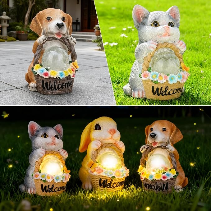 Solar Garden Welcome Statue with LED Light, Outdoor Decorative Animal Figurines, 8-10 Hour Working Time, Floral Basket Design, Lawn Yard Decor (Dog)