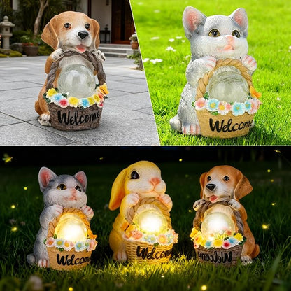 Solar Garden Welcome Statue with LED Light, Outdoor Decorative Animal Figurines, 8-10 Hour Working Time, Floral Basket Design, Lawn Yard Decor (Dog)