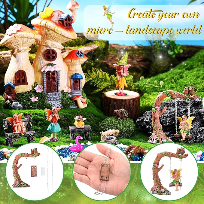 HyDren 100 Pcs Fairy House Garden Kit Accessories Miniatures Fairy Figures Gnomes Mushroom House Solar Light Resin Dwarfs Statue Micro Landscape Ornaments for DIY Yard Outdoor Dollhouse Decoration