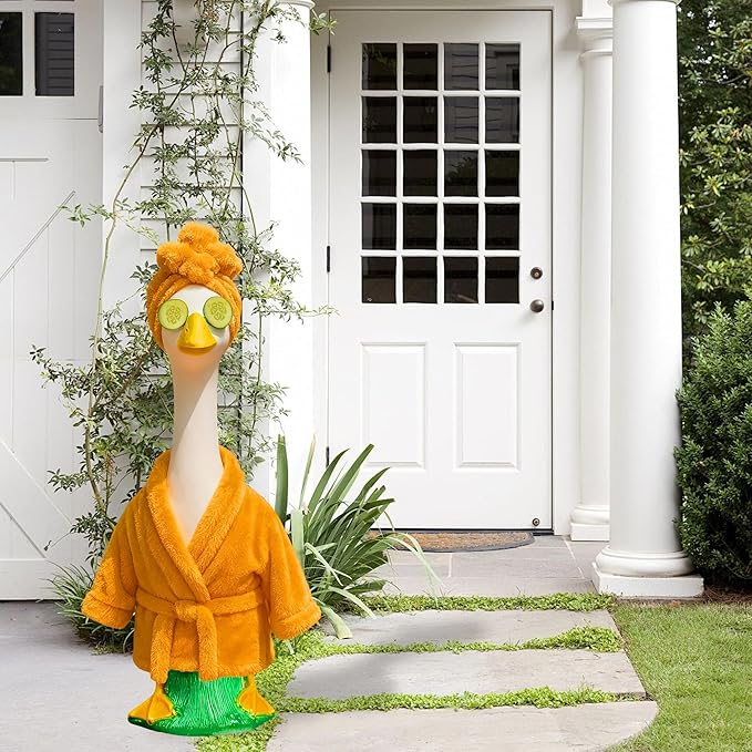 Lady Porch Goose Outfit for 23'' Lawn Statue, Winter Goose Statue Clothes, Yellow Bathrobe Cucumber Mask for Outdoor Garden Lawn Yard Patio Decoration