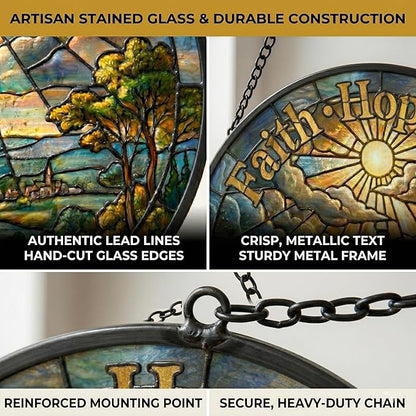 Christian Stained Glass Suncatcher, Faith Hope Love Cross Stained Glass Window Hanging, Sun Catchers Indoor Window Decor, Stained Glass Window Panel, Suncatchers for Windows Hanging Gift (6 Inch)