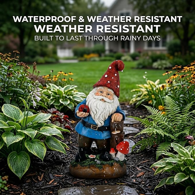 Topadorn Garden Gnome Statue LED Light Solar Energy Gnome Figurine with Ladybug on Hand Mushroom for House, Lawn Decor 11 Inch