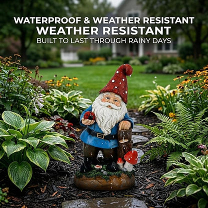 Topadorn Garden Gnome Statue LED Light Solar Energy Gnome Figurine with Ladybug on Hand Mushroom for House, Lawn Decor 11 Inch