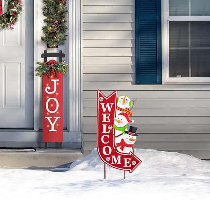 Glitzhome Christmas Welcome Yard Stake, 35.75 Inch Snowmen with Red Arrow Sign, Metal Outdoor Holiday Decor for Lawn, Garden, Porch, Easy Assembly Iron Wall or Ground Decoration