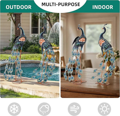 Extra Large Metal Peacock Garden Decor- Handmade 38" Standing Peacock Statue with Stable Ground Stakes, Backyard Decoration, Metal Garden Art Sculptures