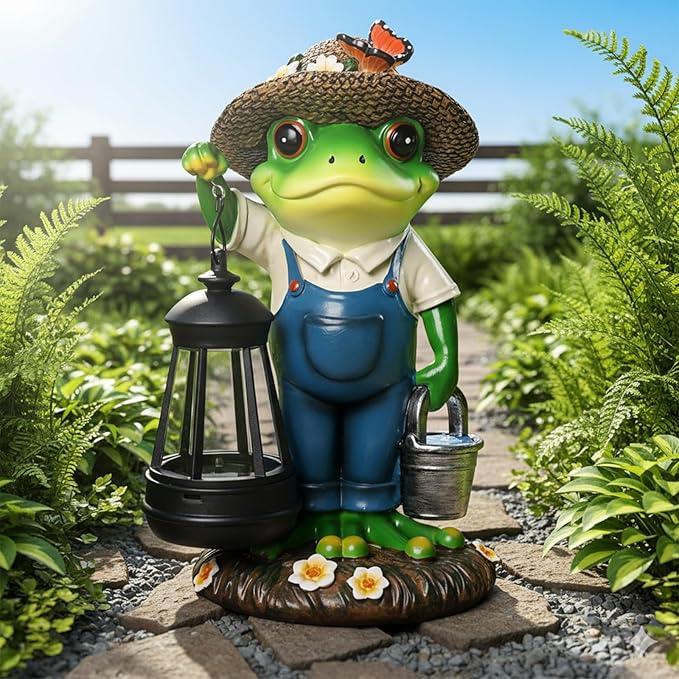 Solar Garden Decor - Frog Statues with Lantern 9" Resin Solar Frogs for Outdoors Patio Yard Porch Lawn Balcony Decor Ideas Animal Lover Gardening Gifts for Women Mom Wife