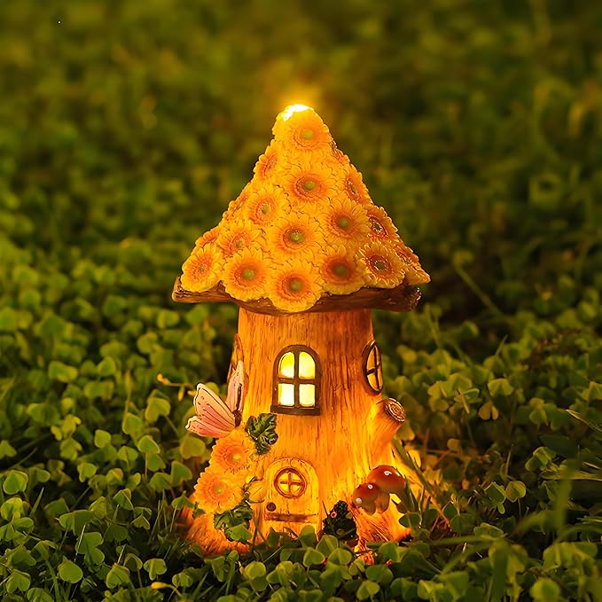Resin Sunflower House Statue Solar Light, LED Waterproof Decorative Light, Birthday Gifts for Women Mom Grandma, Outdoor Sunflower Garden Statue Decoration for Garden Yard Patio Lawn Balcony Porch