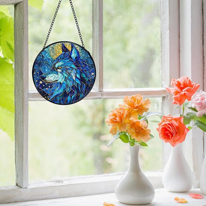 Funny Wolf Gifts Suncatcher Window Hanging, Wolf Decor Sun Catchers Indoor Window Round Glass Wall Art Decor, Animal Lover Gifts Suncatcher Wall Hanging Decorations, 711cz-blh-wolf Patio