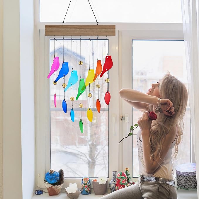 Colorful Glass Wind Chimes for Outdoor Garden & Patio - Handcrafted Bird Design Windchime, Perfect Housewarming Gift for New Home