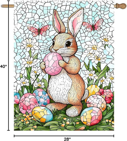Easter Bunny Garden Flag for outside 28x40 Double Sided Stained Glass Rabbit Flag Easter Egg House Flag Lily Spring Outdoor Flag Large