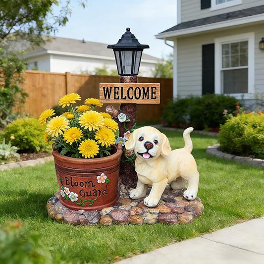 20" Solar Labrador Garden Statue with Welcome Sign & Planter - Large Dog Sculpture with LED Street Lantern - Weatherproof Resin Decorative Flower Pot for Porch, Yard & Patio - Pet Lover Gift