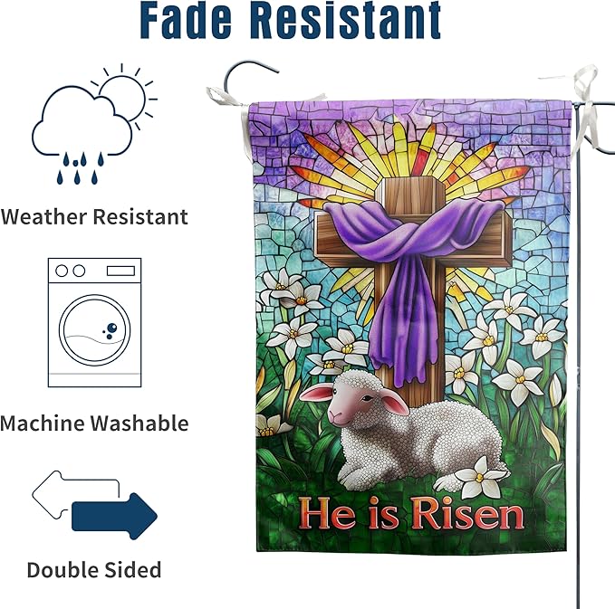Christian Easter Garden Flag He is Risen Yard Flag Religious Easter Lamb Decor Stained Glass Cross Flag for Outside 12x18 Double Sided Lily Spring Outdoor Flag Small
