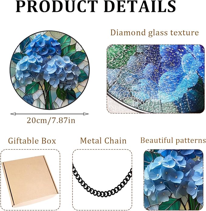 7.87" Blue Hydrangea Flower Suncatcher Stained Glass Window Hanging Room Decor,Sun Catchers Indoor Window Glass Round Panel Wall Decor, Floral Wall Art Hanging Decorations Statues
