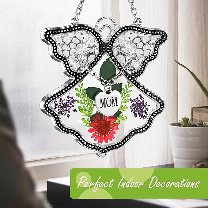 KY&BOSAM Angel Suncatcher Mom Stained Glass Suncatcehesr for Windows Hangings Wind Chime with Pressed Drived Real Flower and Metal Charm Gifts for Mom Mothers Day Valentine's Birthday Christmas Decor