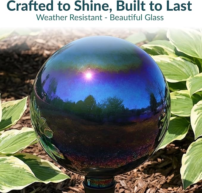 Sunnydaze 10-Inch Gazing Ball for Garden - Glass Gazing Globe with Mirrored Stainless Steel Finish - Rainbow