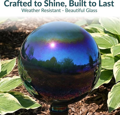 Sunnydaze 10-Inch Gazing Ball for Garden - Glass Gazing Globe with Mirrored Stainless Steel Finish - Rainbow