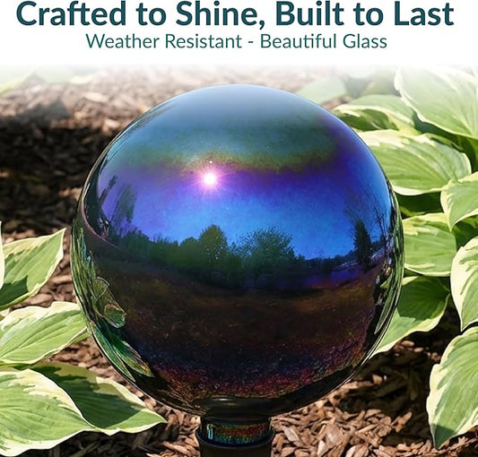 Sunnydaze 10-Inch Gazing Ball for Garden - Glass Gazing Globe with Mirrored Stainless Steel Finish - Rainbow
