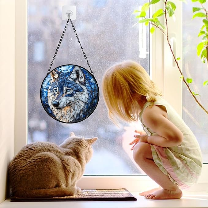 DASTOLL Stained Glass Window Hanging - Funny Wolf Suncatcher Ready to Hang Window Doors Home Decoration and Christmas, Mother's Day Birthday Gifts for Women, Men, and Mom 11.8x11.8 in