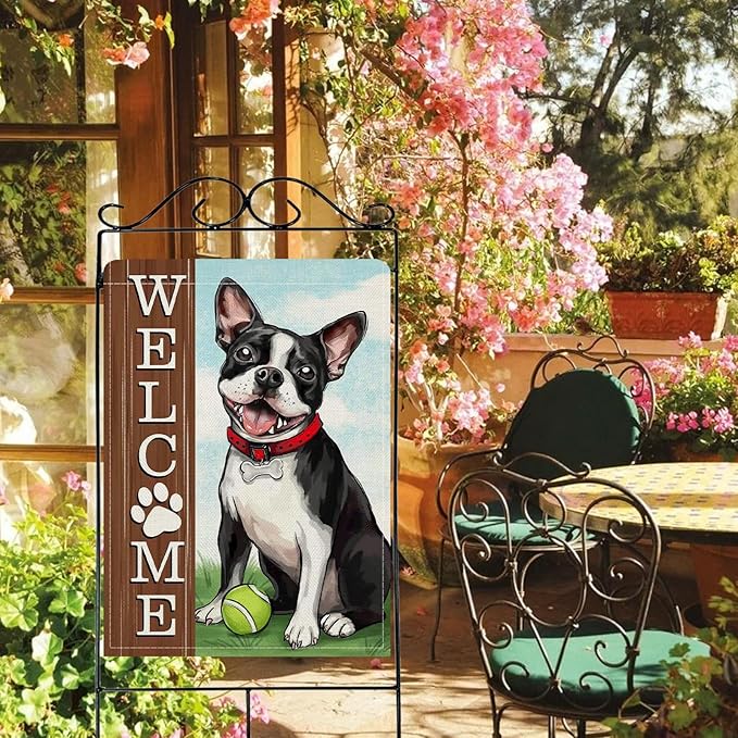 Dyrenson Welcome Boston Terrier Dog 28 x 40 House Flag Double Sided, Spring Summer Paw Prints Tennis Garden Yard Decoration Pet Owner Lover Gift, Farmhouse Burlap Outdoor Decor Decorative Large Flag
