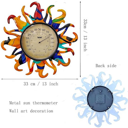 Metal Sun Thermometer Indoor Outdoor Ornament Wall Art Decor, Sun Plaque Sculpture Hanging Mounted for Living Room Bedroom Kitchen Patio for Home or Garden, No Battery Required (Orange)