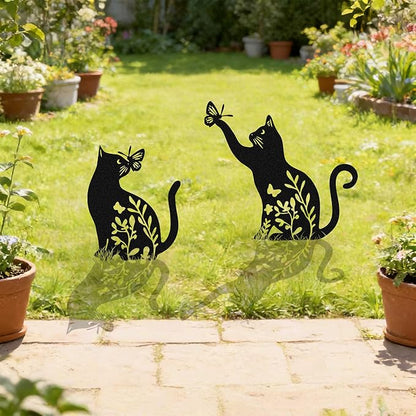 Set of 2 Metal Black Cats Decorative Garden Stakes, Cats Garden Art Decor Ornaments for Yard Lawn Patio Outdoor, Black Cat Sculpture Silhouette Statues, Cat Themed Gifts for Women & Cat Lover