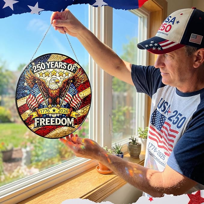 Leinuosen 250 Anniversary of Stained Glass Suncatcher 250th Anniversary Hanging Decoration 1776-2026 Us Window Stained Ornament for Patriotic People American Independence Freedom Day Gift Decoration