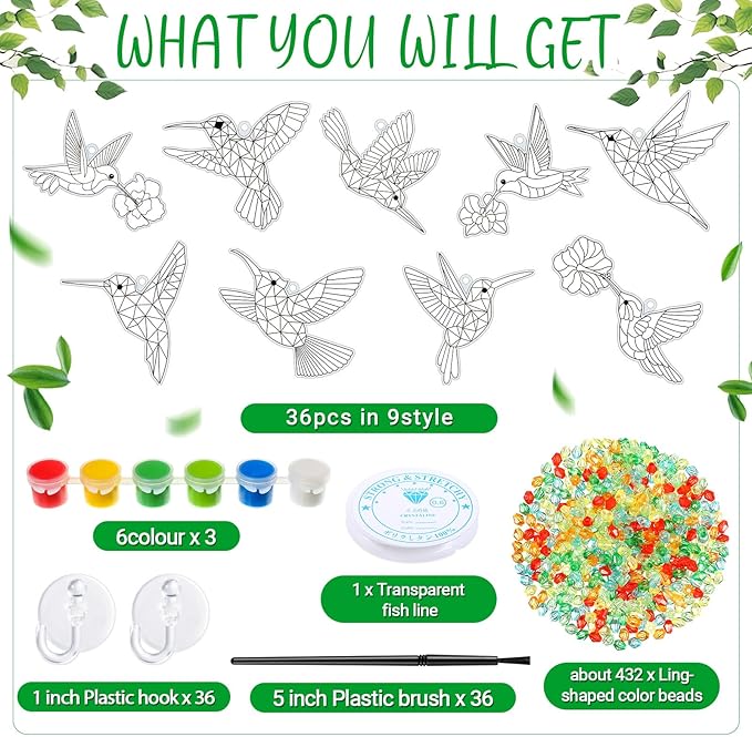 Pasimy 36 Sets Hummingbird Suncatchers Craft Kits Bird Paint Window DIY Hanging Ornaments Decorations Make Your Own Spring Activities Arts Summer Party Favors Gifts for Classroom Home Mother Birthday