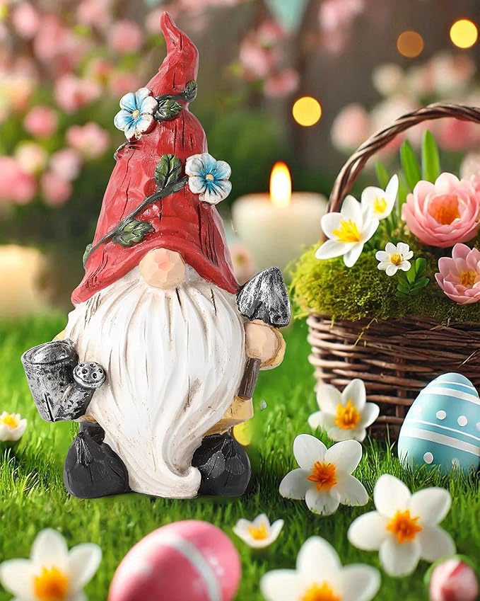 GoGnome Hand-Painted Resin Garden Gnome with Watering can and Shovel Figurine - 6.5" Summer and Spring Decorations for Home and Yard - Ideal Gnome Gifts for Women (Red)