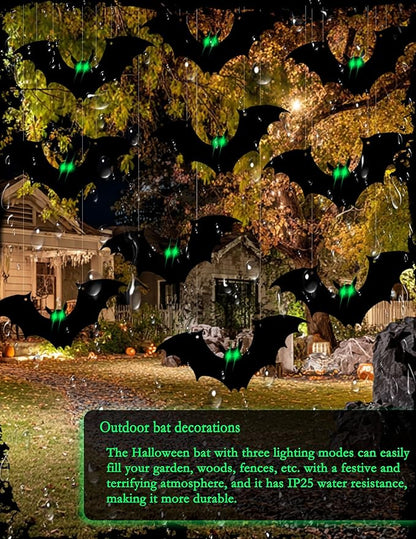 Hanging Bats Halloween Decorations, 12Pcs Halloween Bats with Night Auto-On/Off, Scary Green LED Eyes 3D Bat Wall Decor, Light Up Bat 3 Modes, Outdoor and Indoor Tree Yard Party Decor