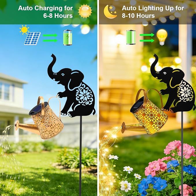 Solar Watering Can Lights, Elephant Hanging Lantern Solar Lights Outdoor, Birthday Gifts for Mom Women Mother's Day, Waterproof Garden Decor Outside Patio Yard Pathway Backyard