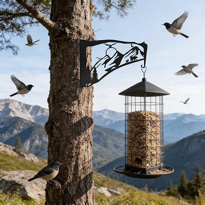 Black Metal Bird Feeder Wall Hanger Indoor Outdoor, Heavy Duty Hook Holder for Basket Plant Pot, Staghorn Fern, Bird Feeder and Wind Chime, Mountain Decor for Wall Window Patio Porch Garden