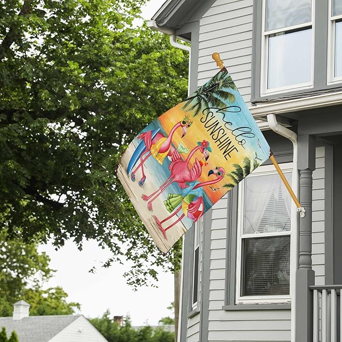 Heyfibro Flamingo Hello Sunshine Hawaii Tropical Beach Holiday Garden Flags 28x40 Double Sided Burlap Welcome Summer Tropical Ocean Sea Yard Flag for Seasonal Outdoor Party Decoration(ONLY FLAG)