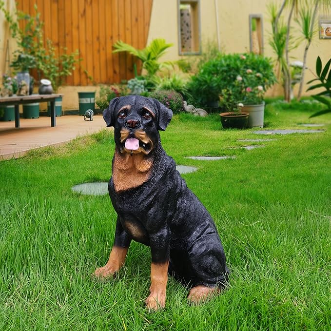 Rottweiler Front-Gate Sentinel with Solar Lantern & Double-Sided Sign, Sitting Black & Tan Statue for Drive, Portico, Lawn & Path