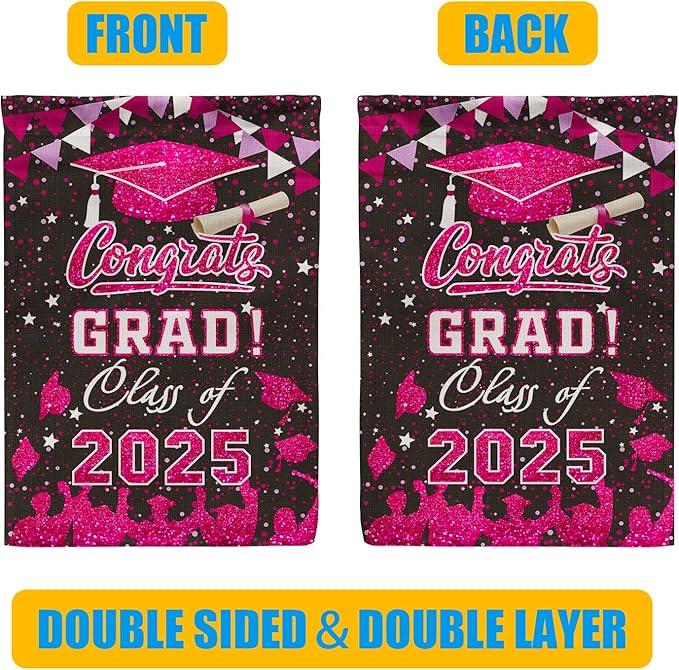Graduation Garden Flag Class of 2025 Pink Congrats Grade Flag for Outside Party Hanging Decorations 12x18 Inch Burlap