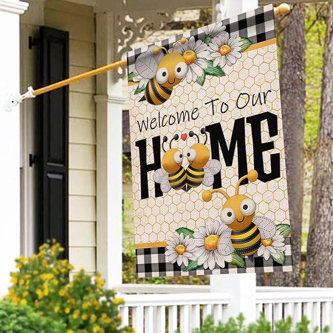 Furiaz Welcome to Our Home Bumble Bee Spring Summer Decorative Large House Flag, Buffalo Plaid Check Daisy Home Outside Garden Yard Decorations, Farmhouse Burlap Outdoor Decor Double Sided 28x40